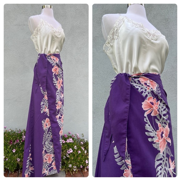 Vintage Helena's Purple Tropical Floral Hawaiian Maxi Sarong Wrap Skirt On Size - Picture 4 of 6